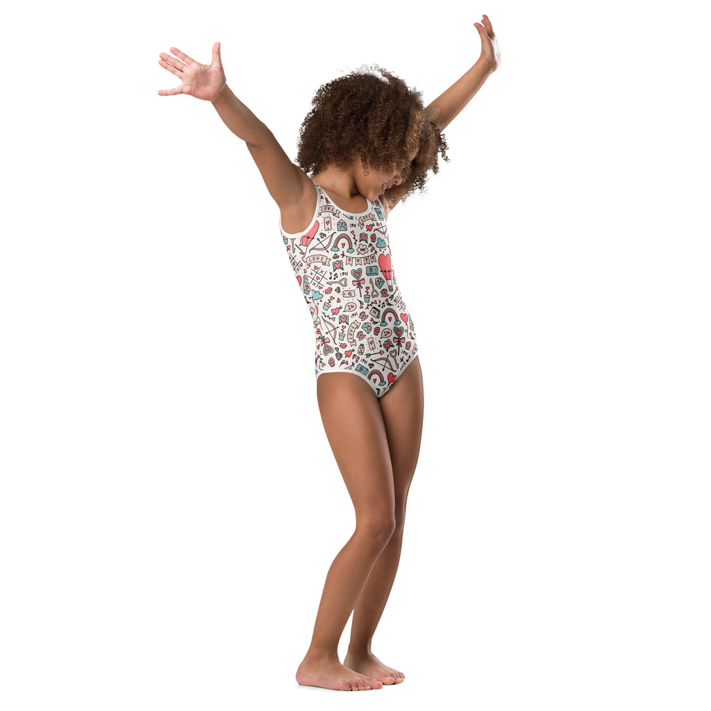 White one-piece leotard with colorful hearts rainbows and musical notes buttery soft quick drying for girls dance