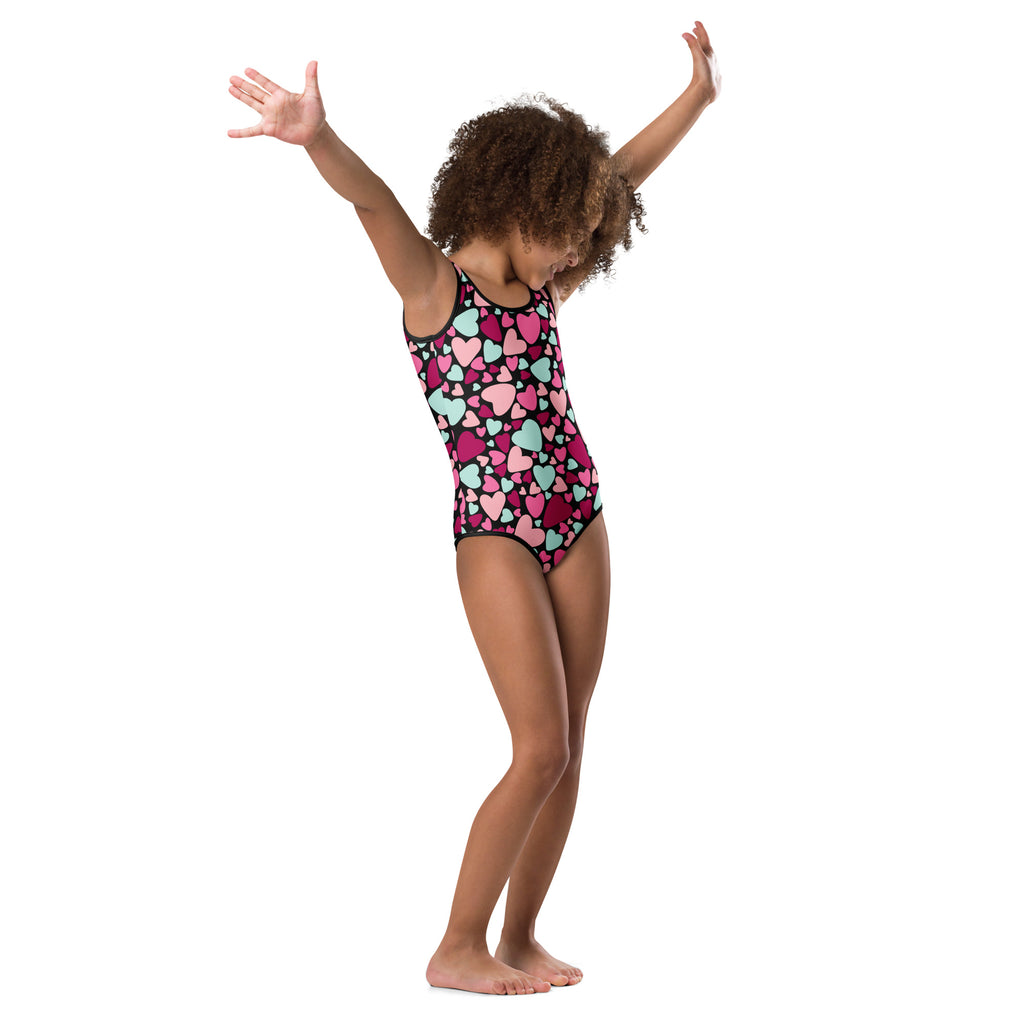 Girls valentine’s day vibrant pink and mint heart one-piece leotard with black trim quick drying buttery soft fabric