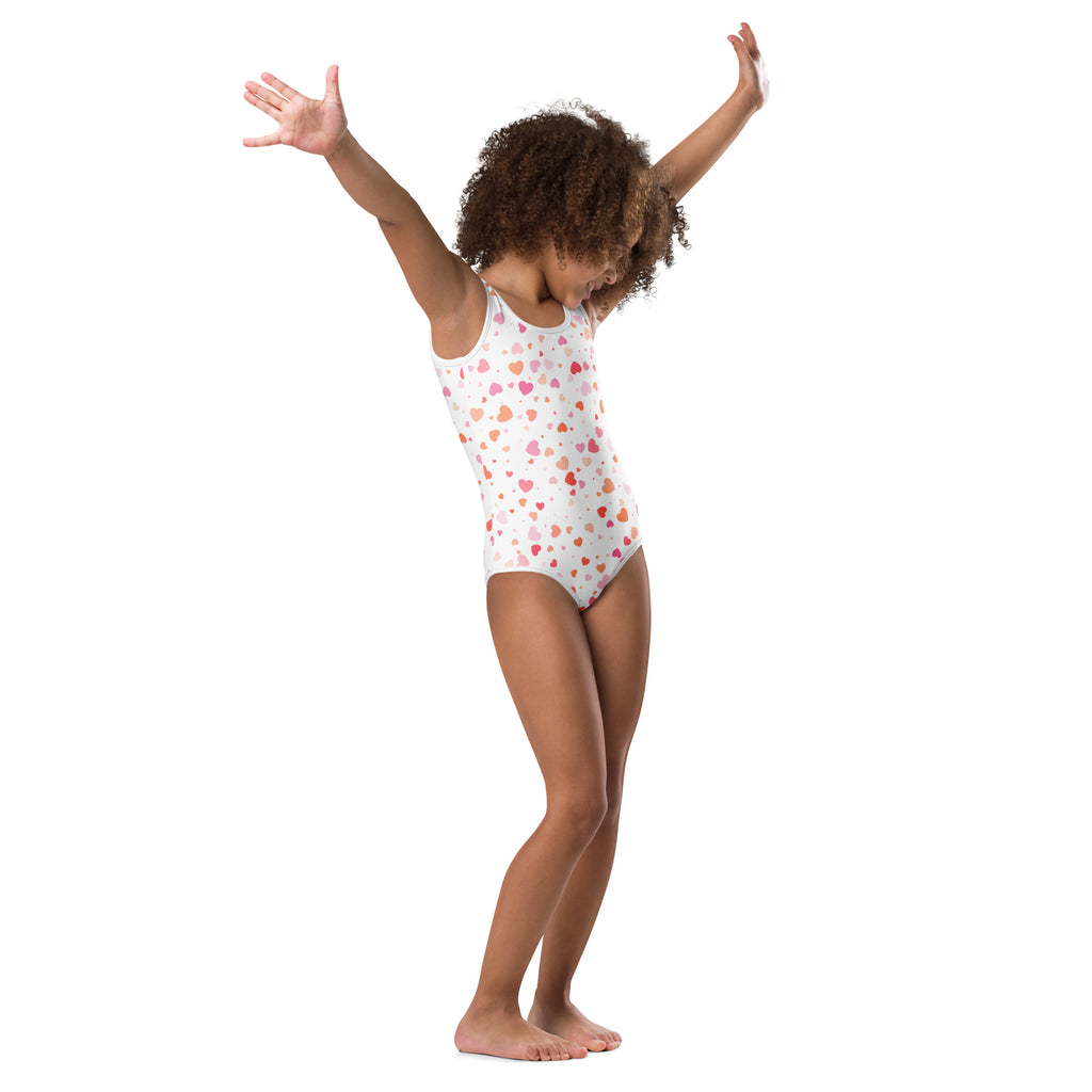 White one-piece girls pastel heart buttery soft leotard with pink and peach hearts quick drying for dance and gymnastics