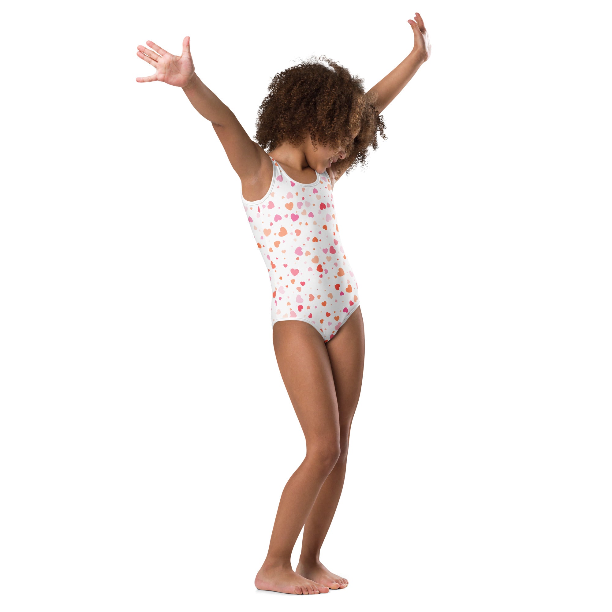 White one-piece girls pastel heart buttery soft leotard with pink and peach hearts quick drying for dance and gymnastics