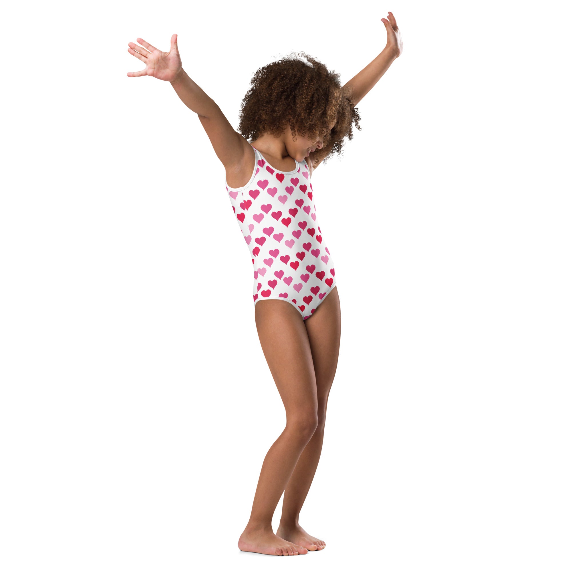 Girls Valentines Day white one-piece swimsuit with pink hearts buttery soft quick drying for dance and gymnastics