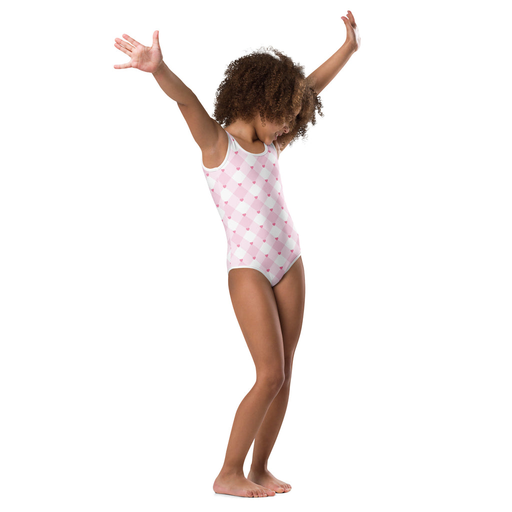 Girls pink and white argyle heart buttery soft quick drying leotard for dance and gymnastics