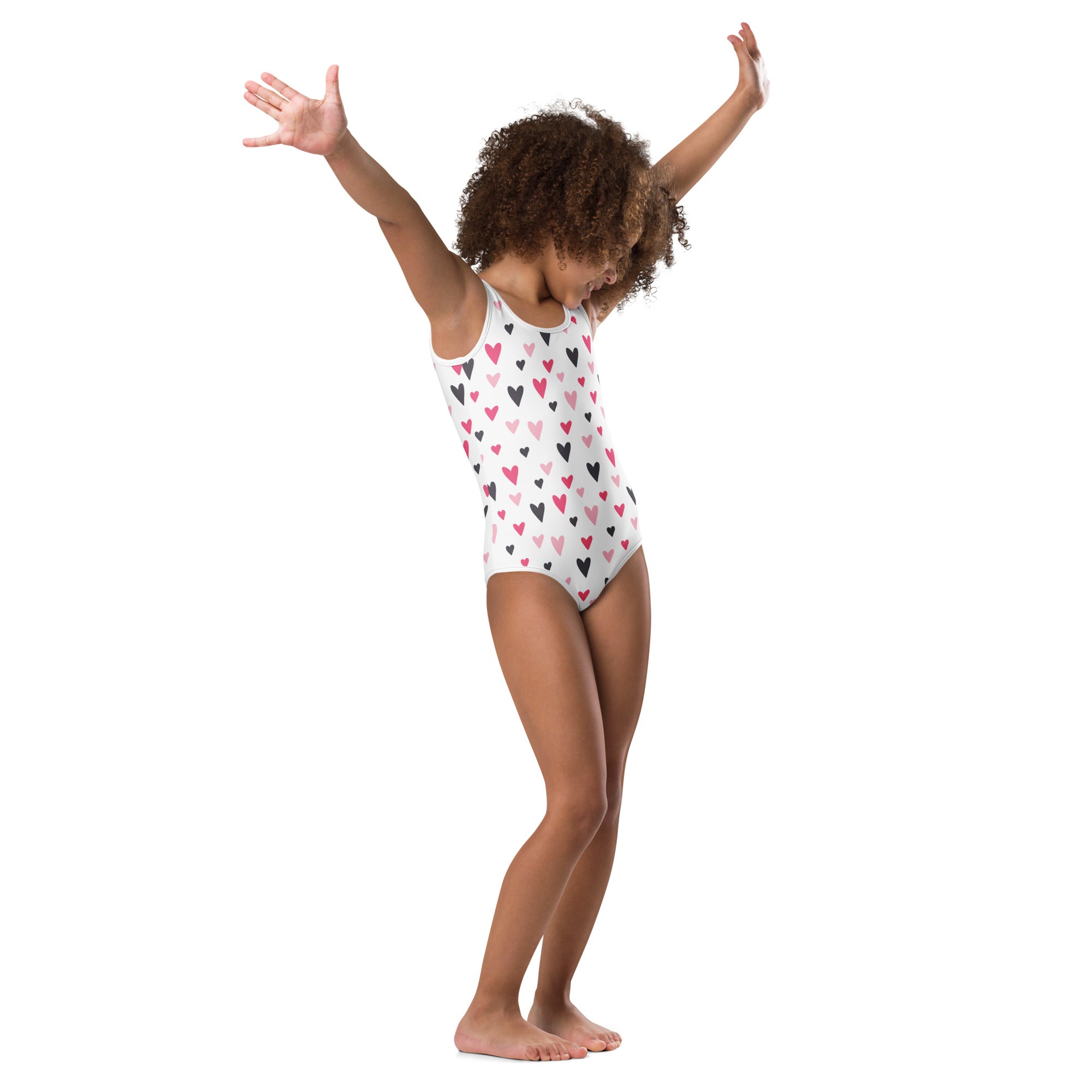Girls valentine heart buttery soft quick drying white one-piece swimsuit with pink and black heart pattern for dance and gymnastics