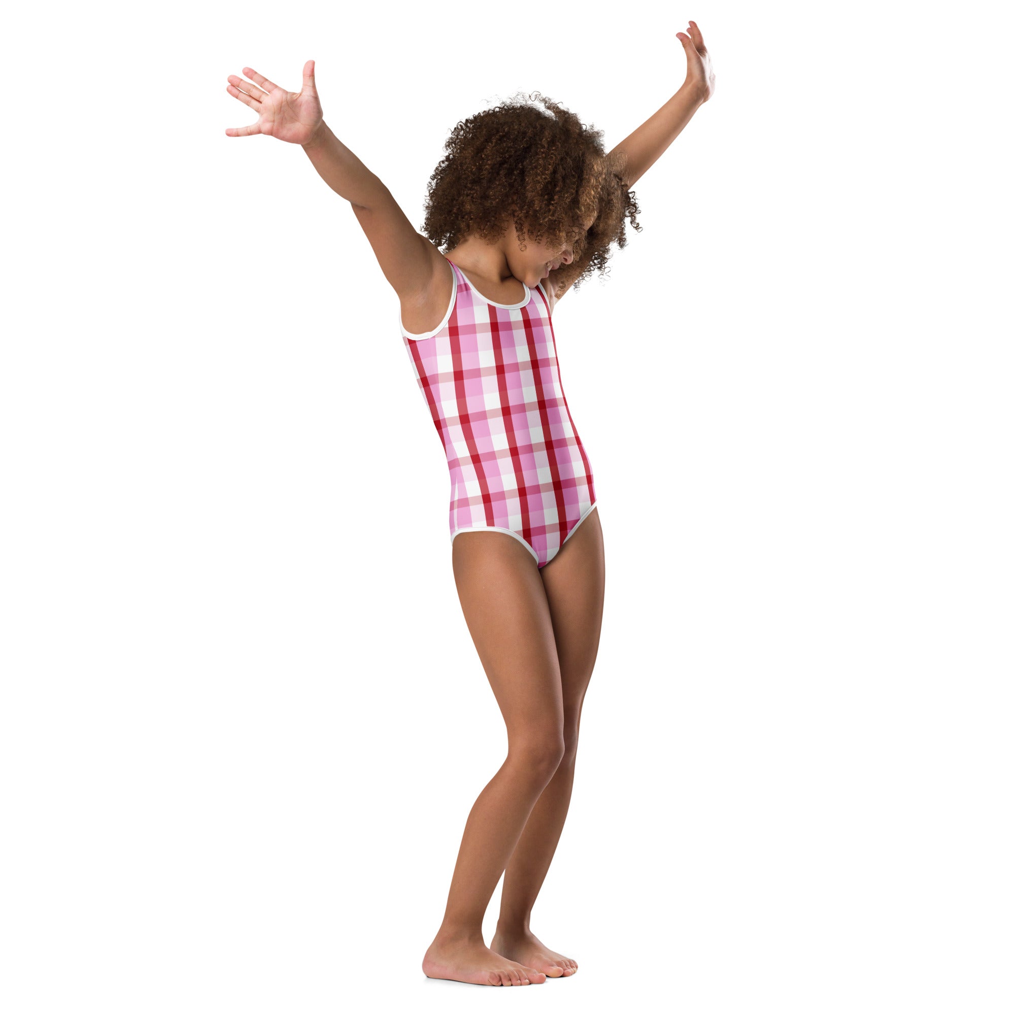 Girls Valentine pink and white plaid buttery soft quick drying leotard with white trim for dance and gymnastics