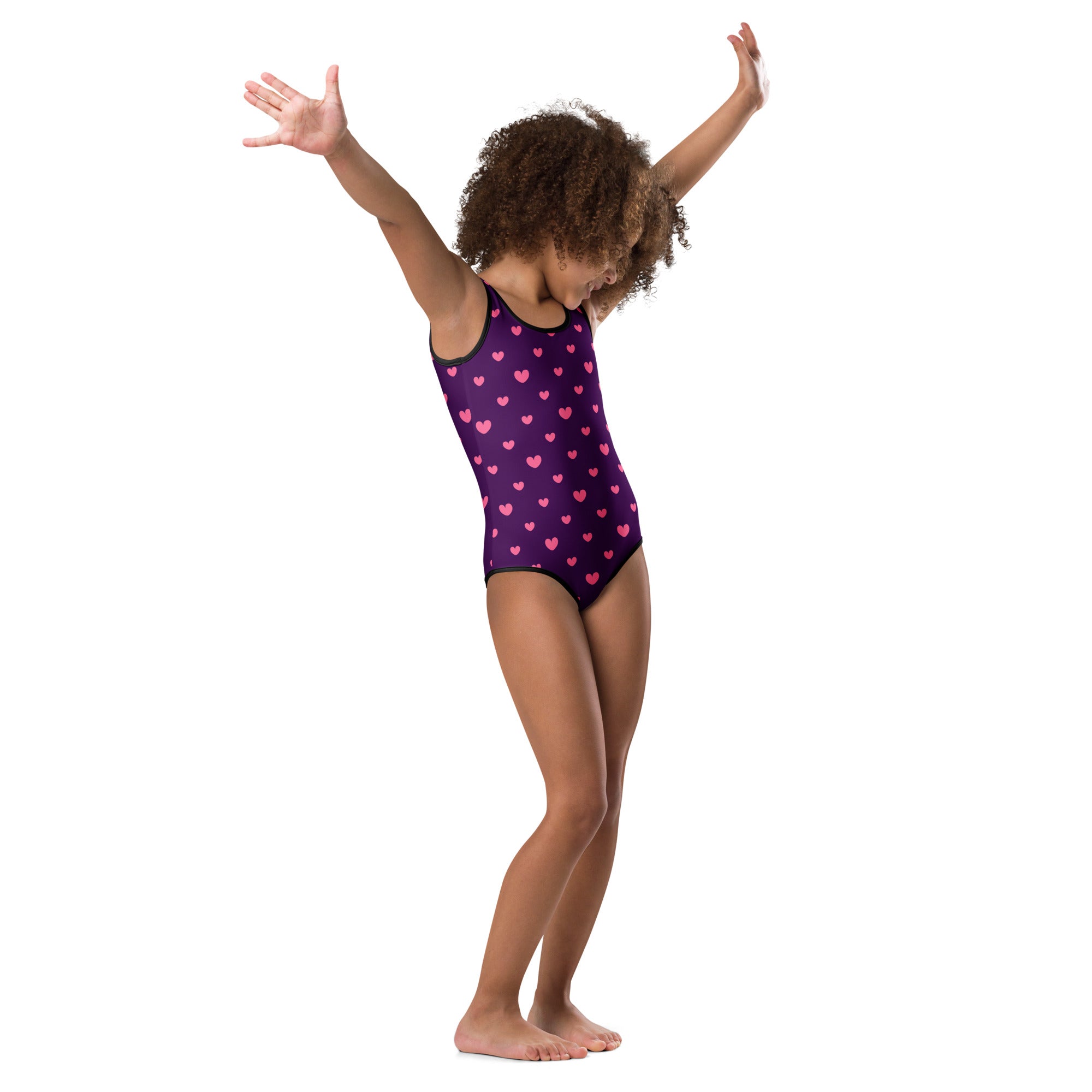 Girls purple one-piece leotard with pink heart pattern buttery soft quick drying for dance and gymnastics