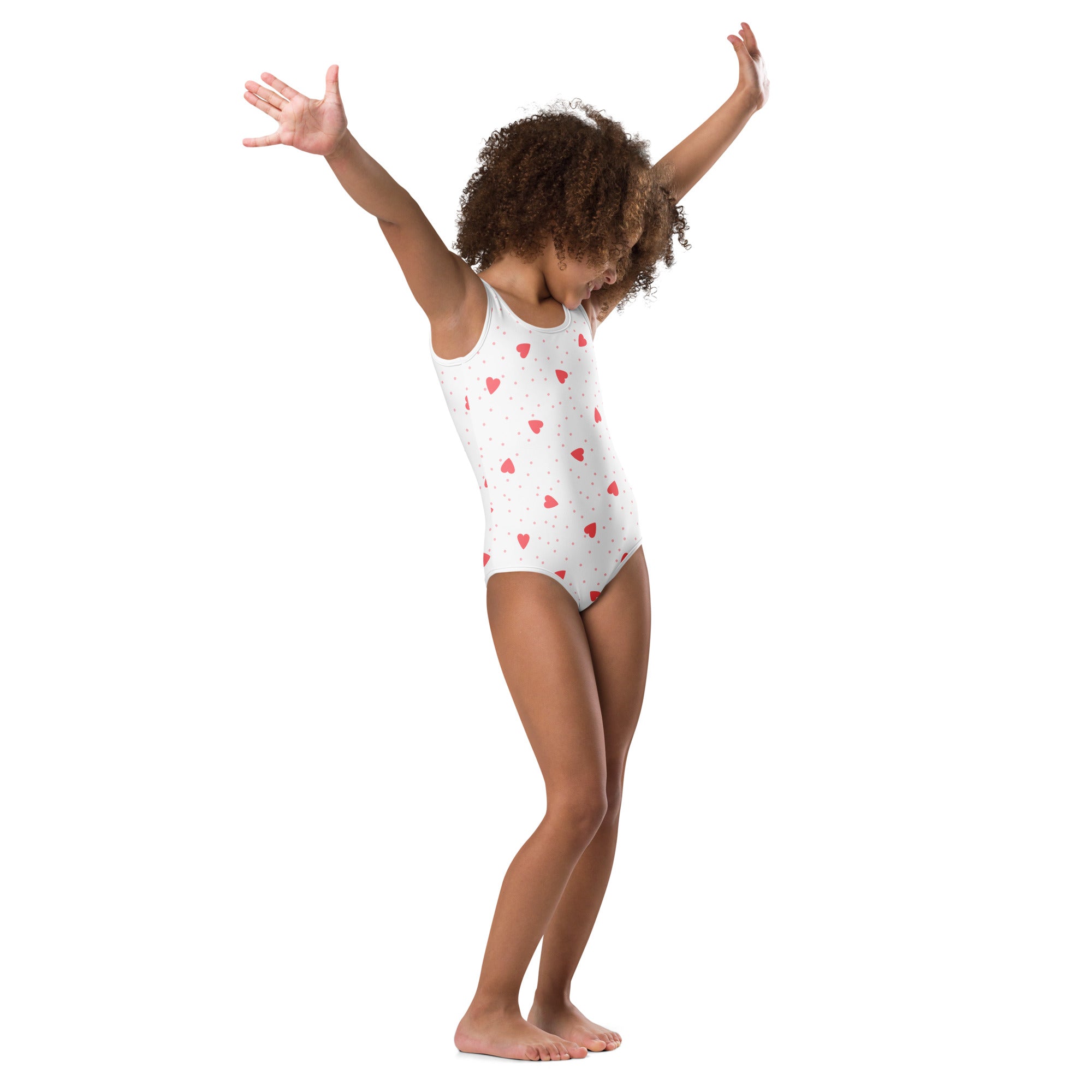 White one-piece girls leotard with red heart pattern made of buttery soft quick-drying fabric for dance and gymnastics