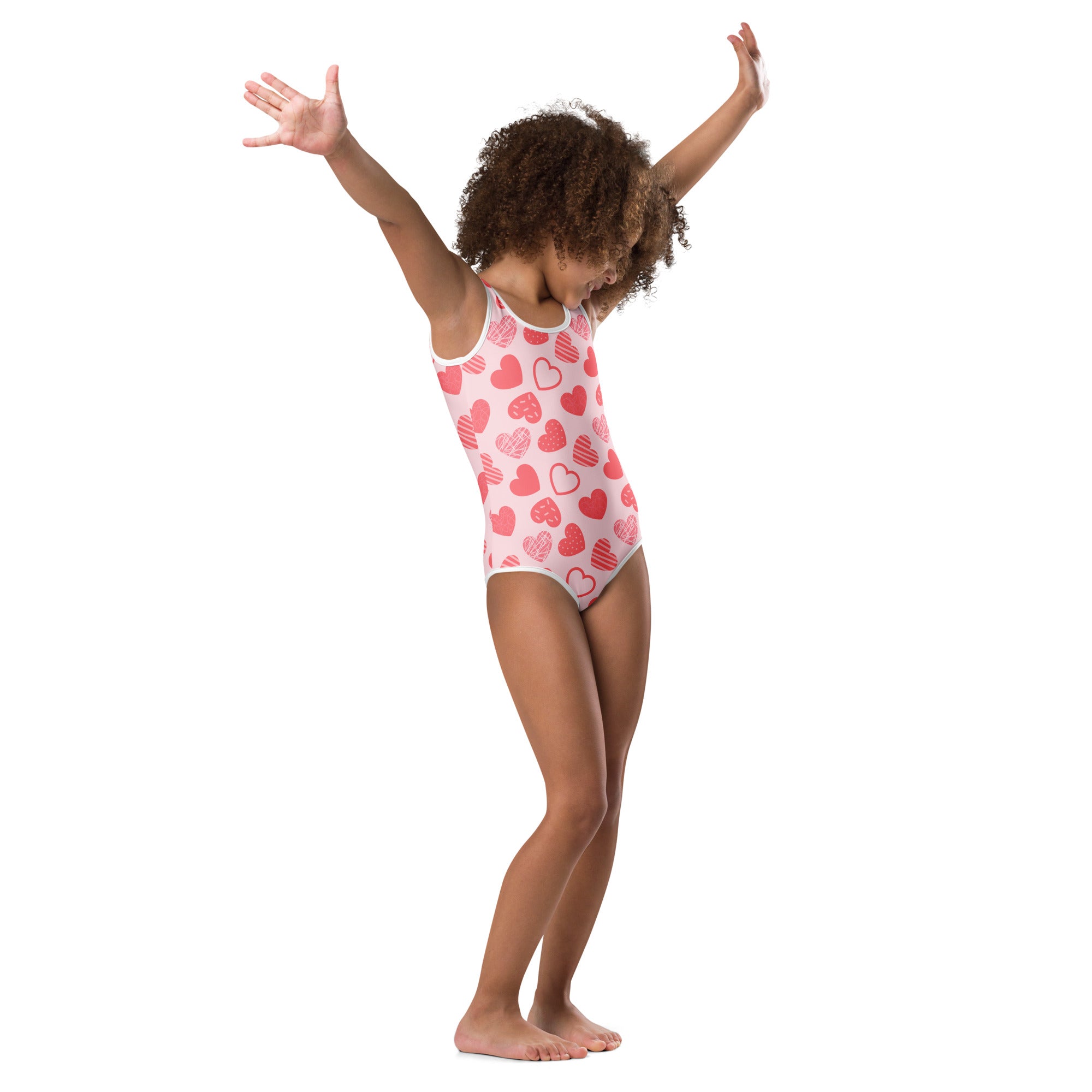 Girls pink heart pattern buttery soft one-piece swimsuit for dance and gymnastics quick drying material