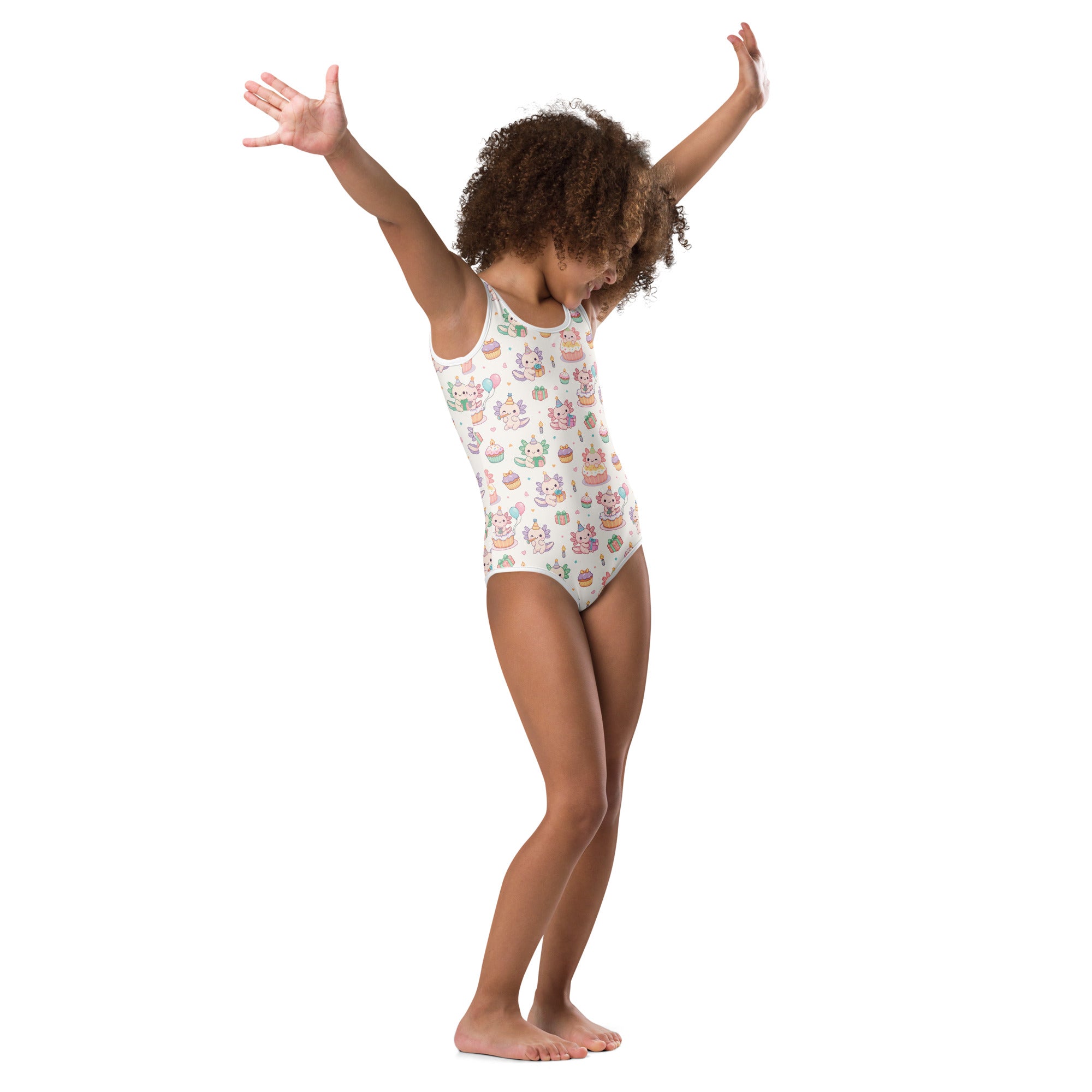 Girls axolotl birthday buttery soft white one-piece swimsuit with pastel unicorn and cupcake pattern quick drying
