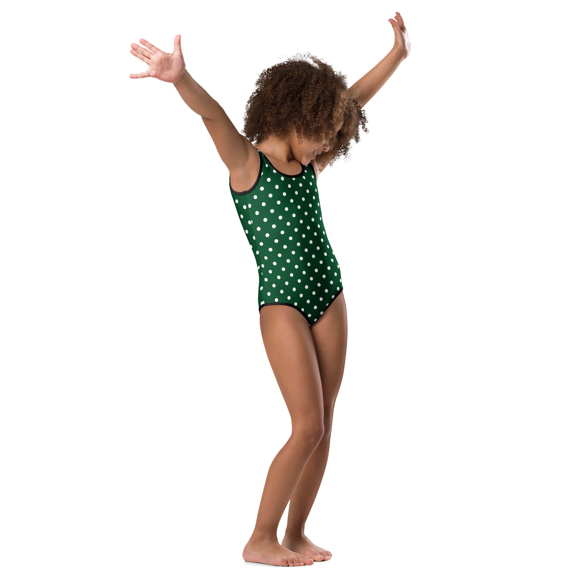 Girls dark green buttery soft leotard with white polka dots and black trim quick drying for dance and gymnastics