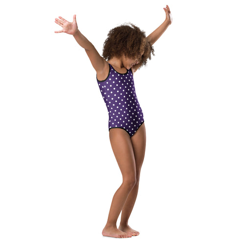 Girls dark purple polka dot buttery soft leotard with black trim quick drying for dance and gymnastics front view