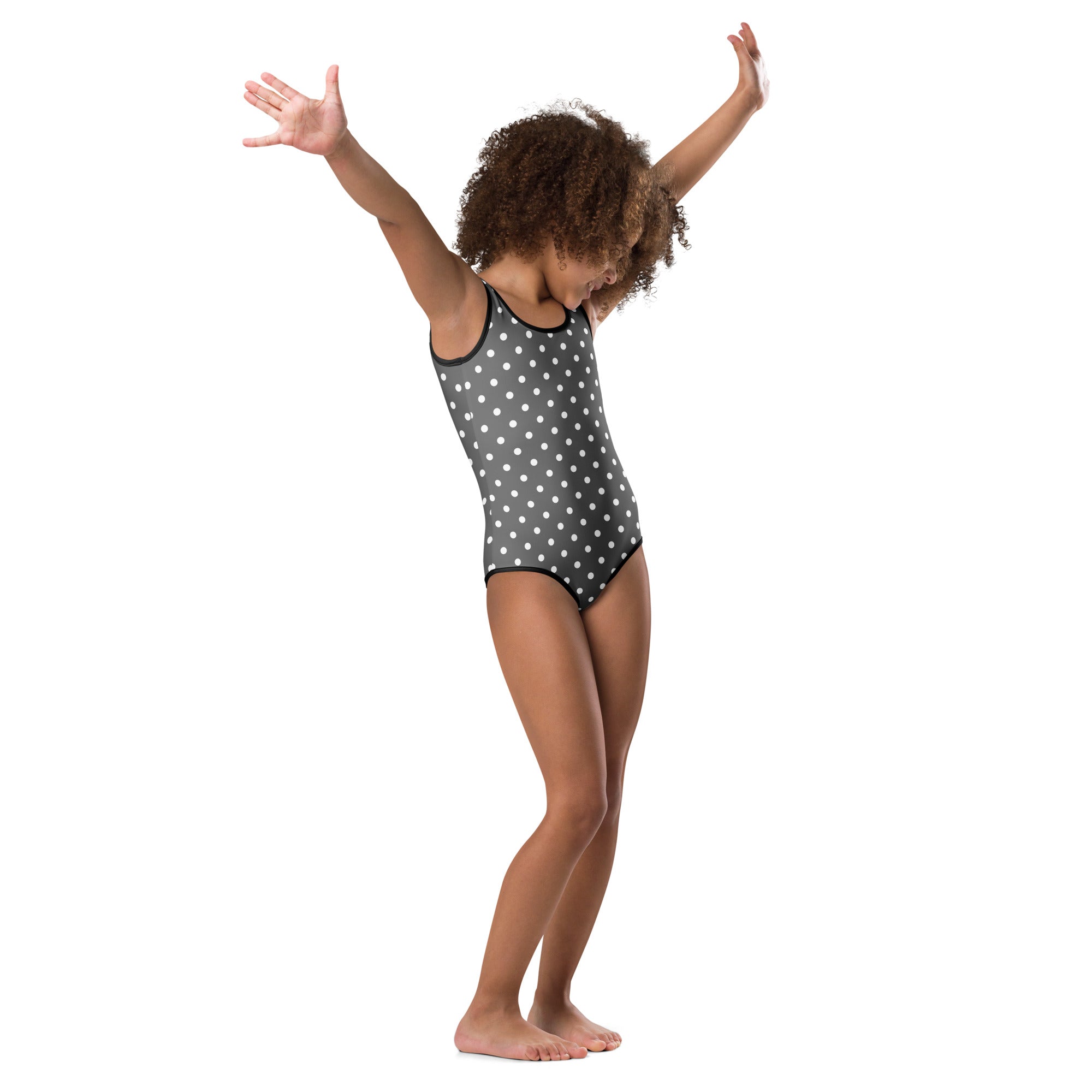 Girls gray polka dot buttery soft leotard with black trim quick drying for dance and gymnastics