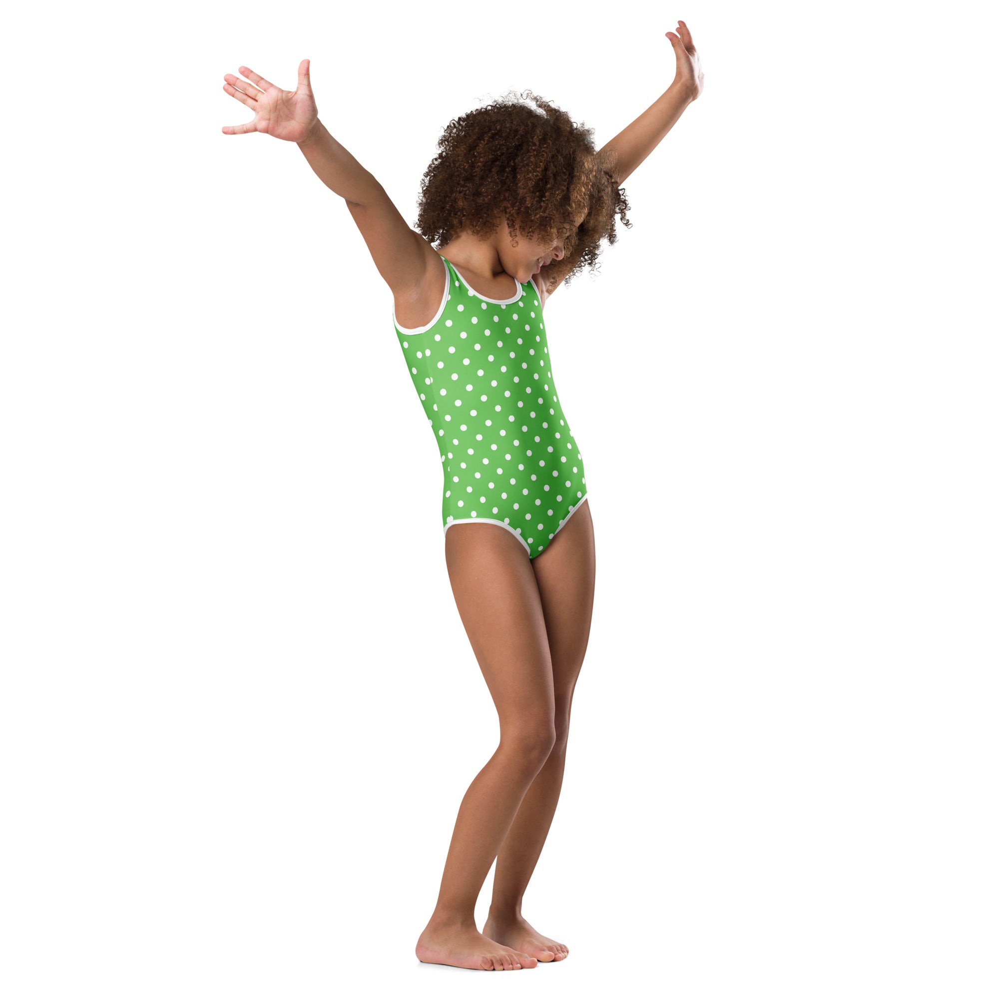 Girls green polka dot buttery soft leotard with white trim quick drying for dance and gymnastics