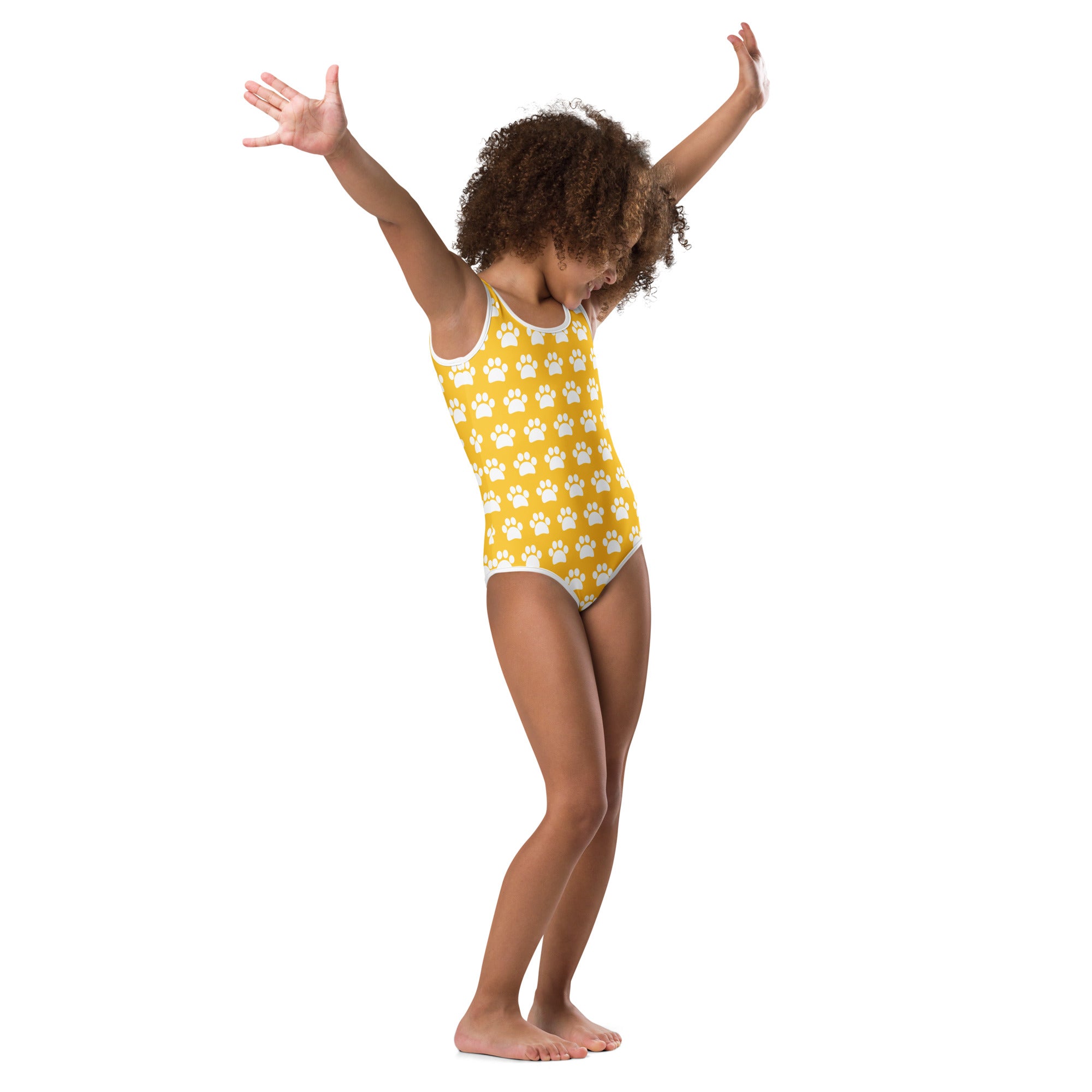 Girls yellow buttery soft one-piece leotard with white paw print pattern and trim quick drying for dance and gymnastics