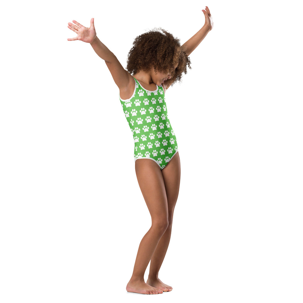 Girls green paw print buttery soft quick drying leotard with white trim for dance and gymnastics