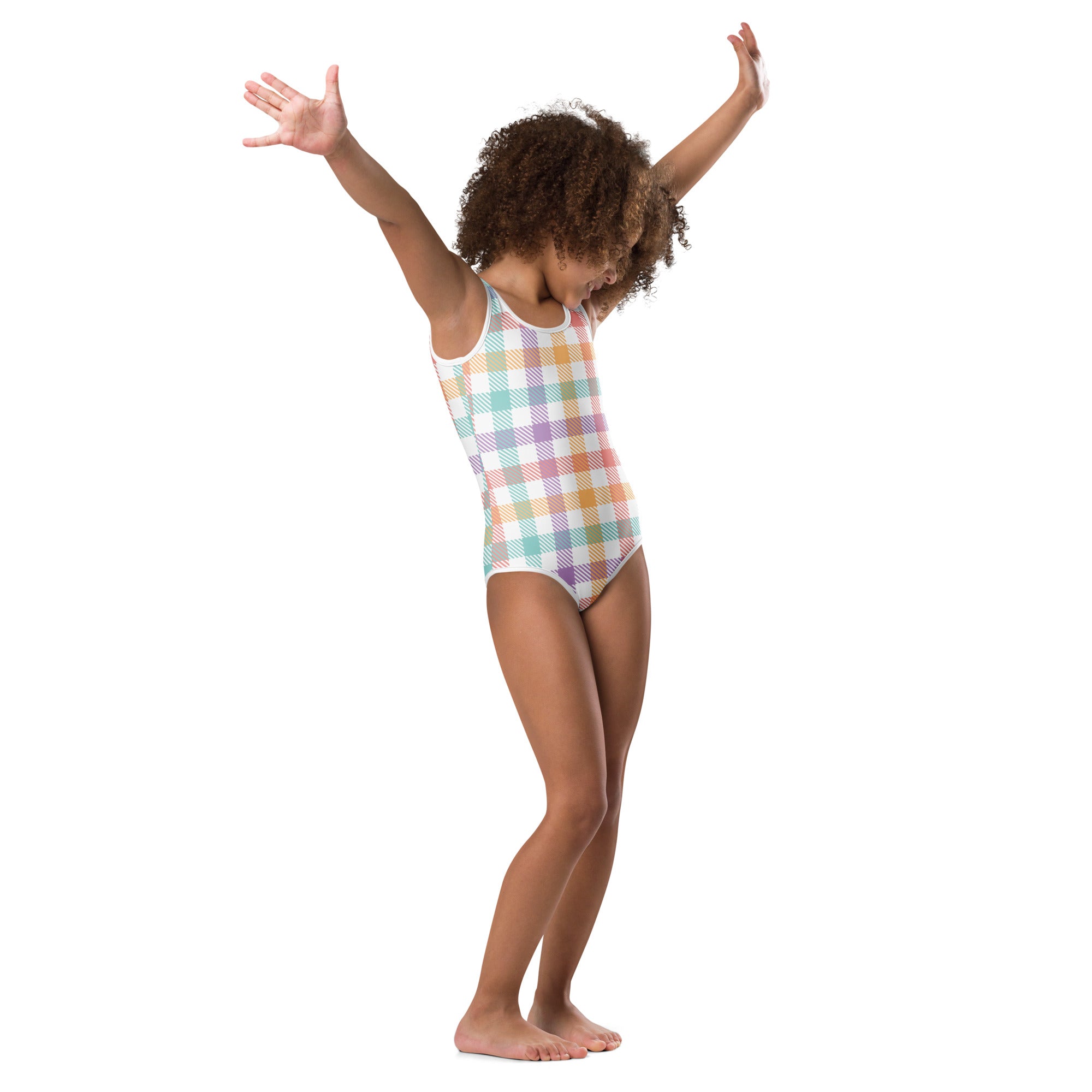 Pastel plaid one-piece swimsuit with white trim made of buttery soft fabric for quick drying in dance and gymnastics