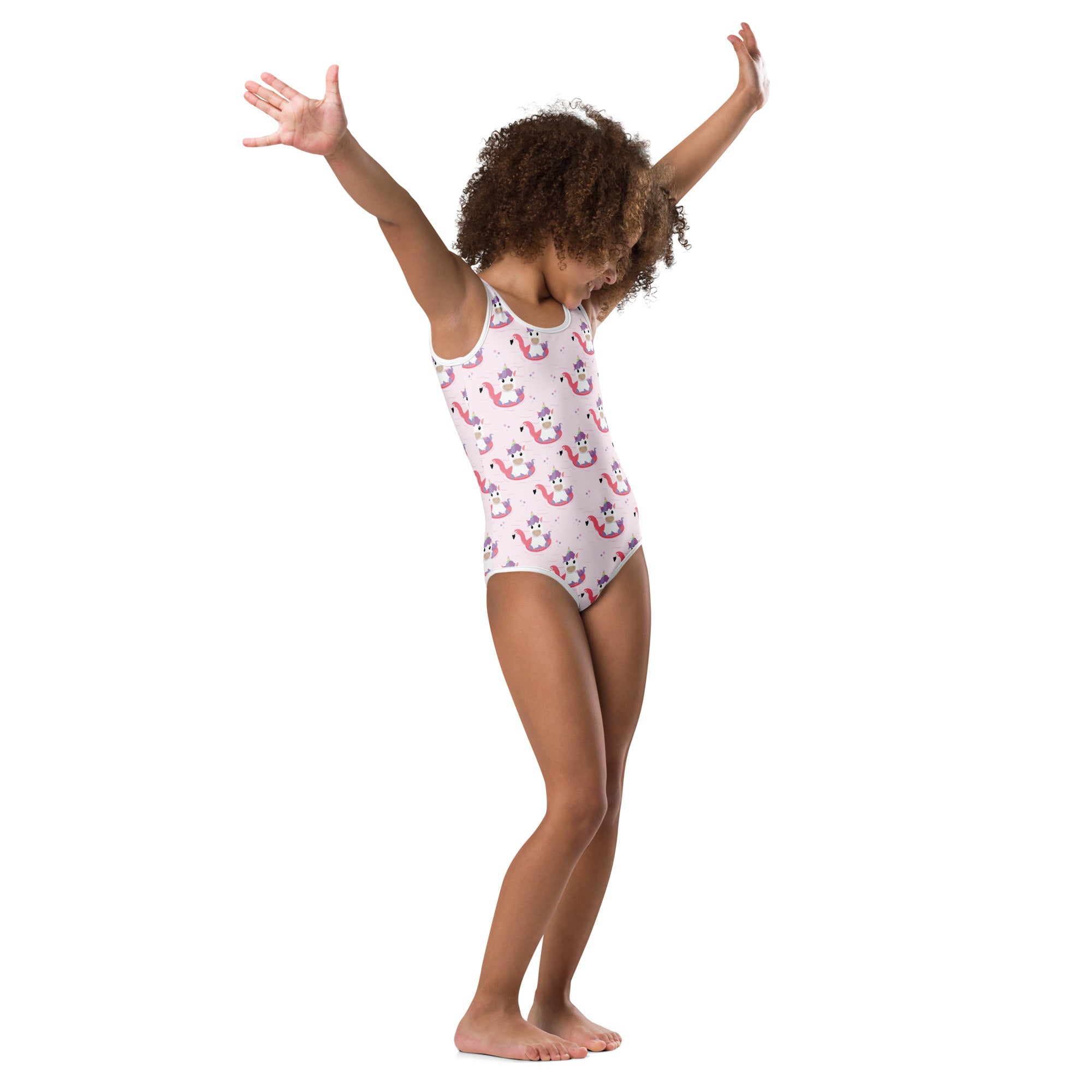 White one-piece buttery soft leotard with pink flamingo and purple accents quick drying for dance and gymnastics
