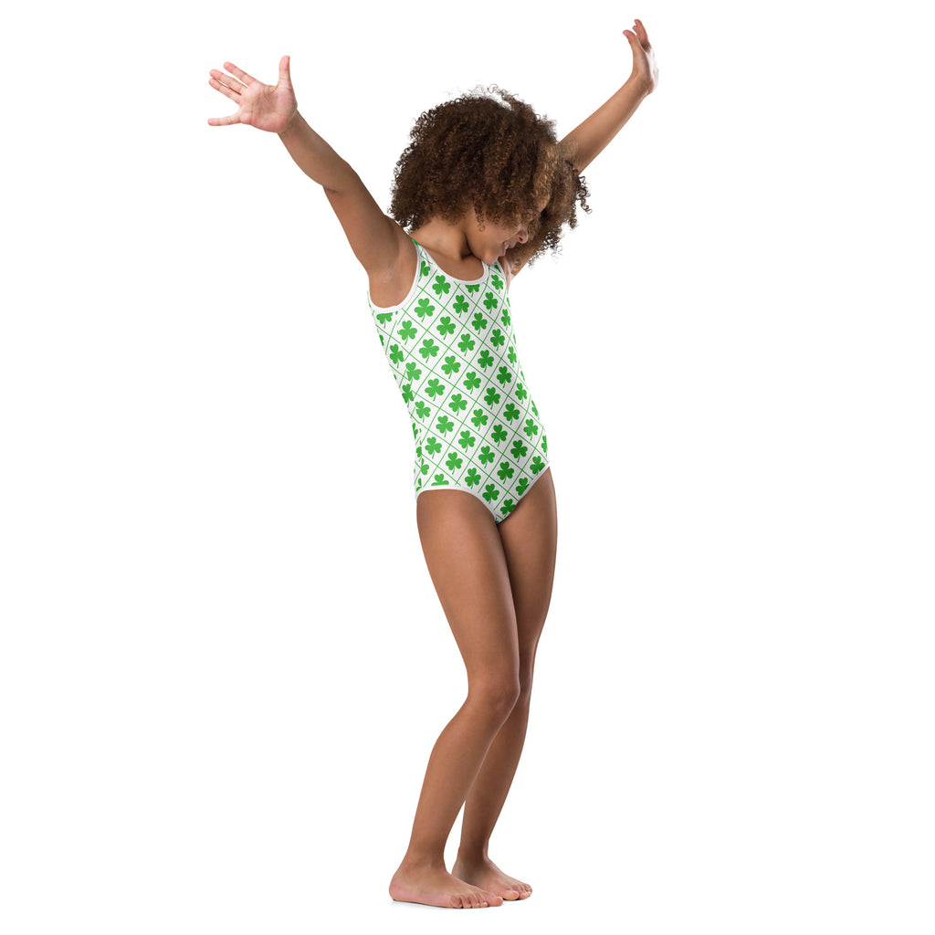 Green shamrock patterned girls leotard buttery soft quick drying for dance and gymnastics on white background