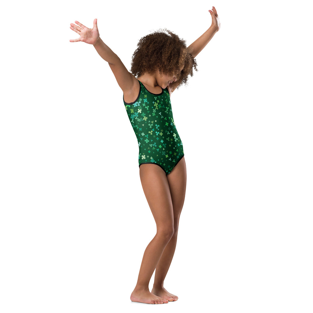 Girls green st patricks day buttery soft leotard with white shamrocks and black trim for dance and gymnastics