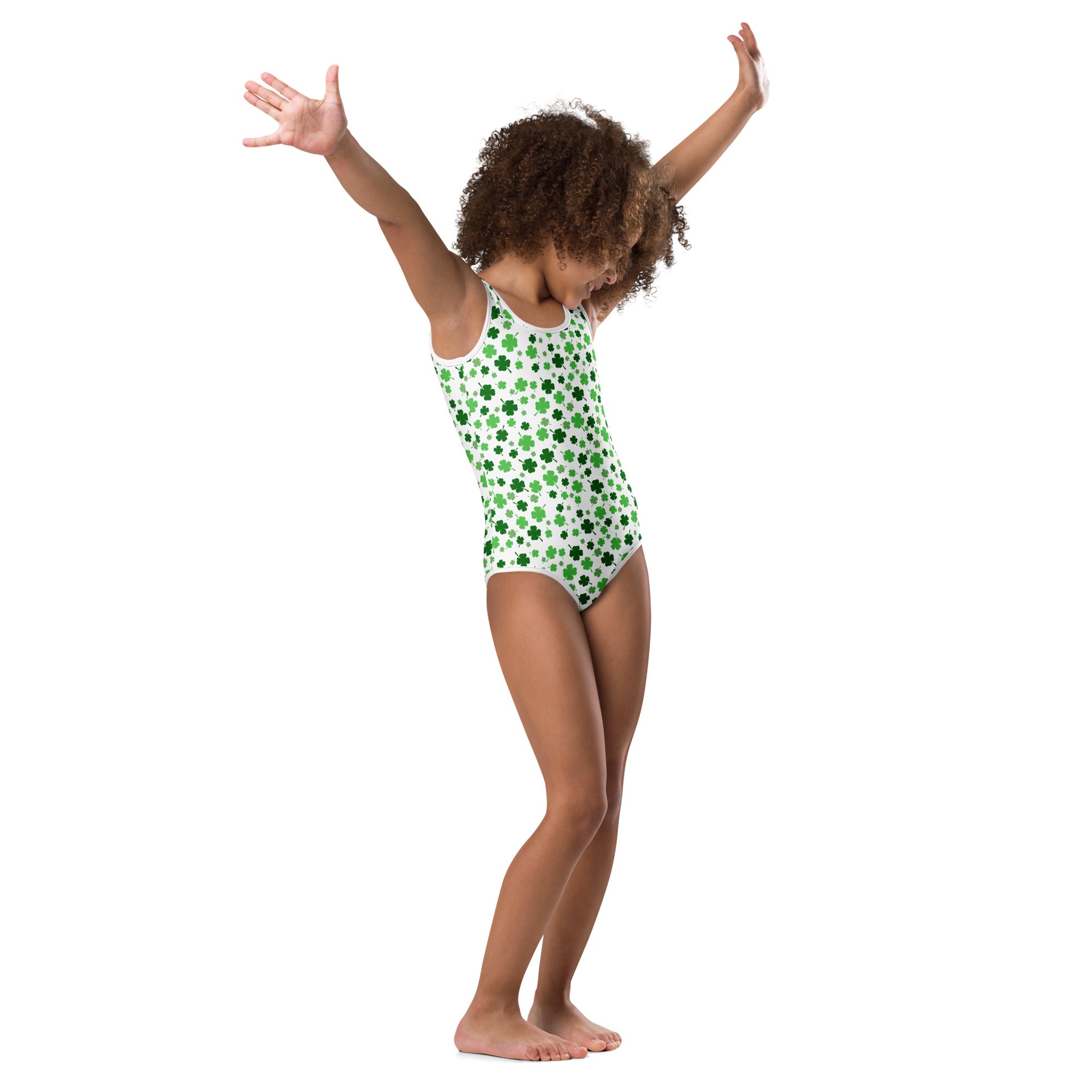 Girls green shamrock buttery soft white leotard with quick drying fabric for dance and gymnastics