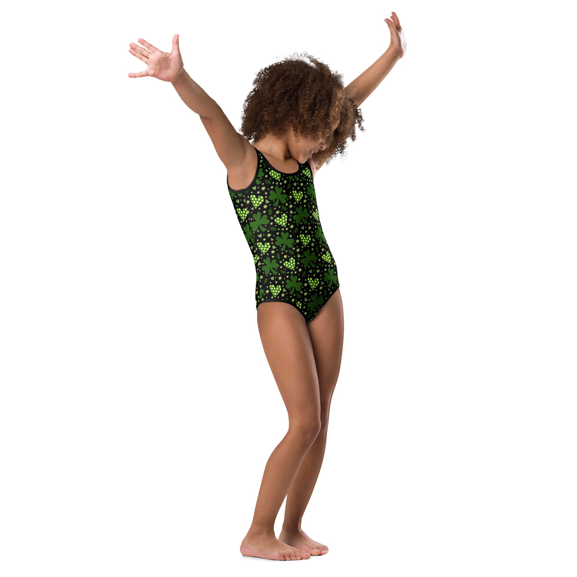 Girls dark green St Patricks Day buttery soft leotard with shamrocks and white dots for dance and gymnastics