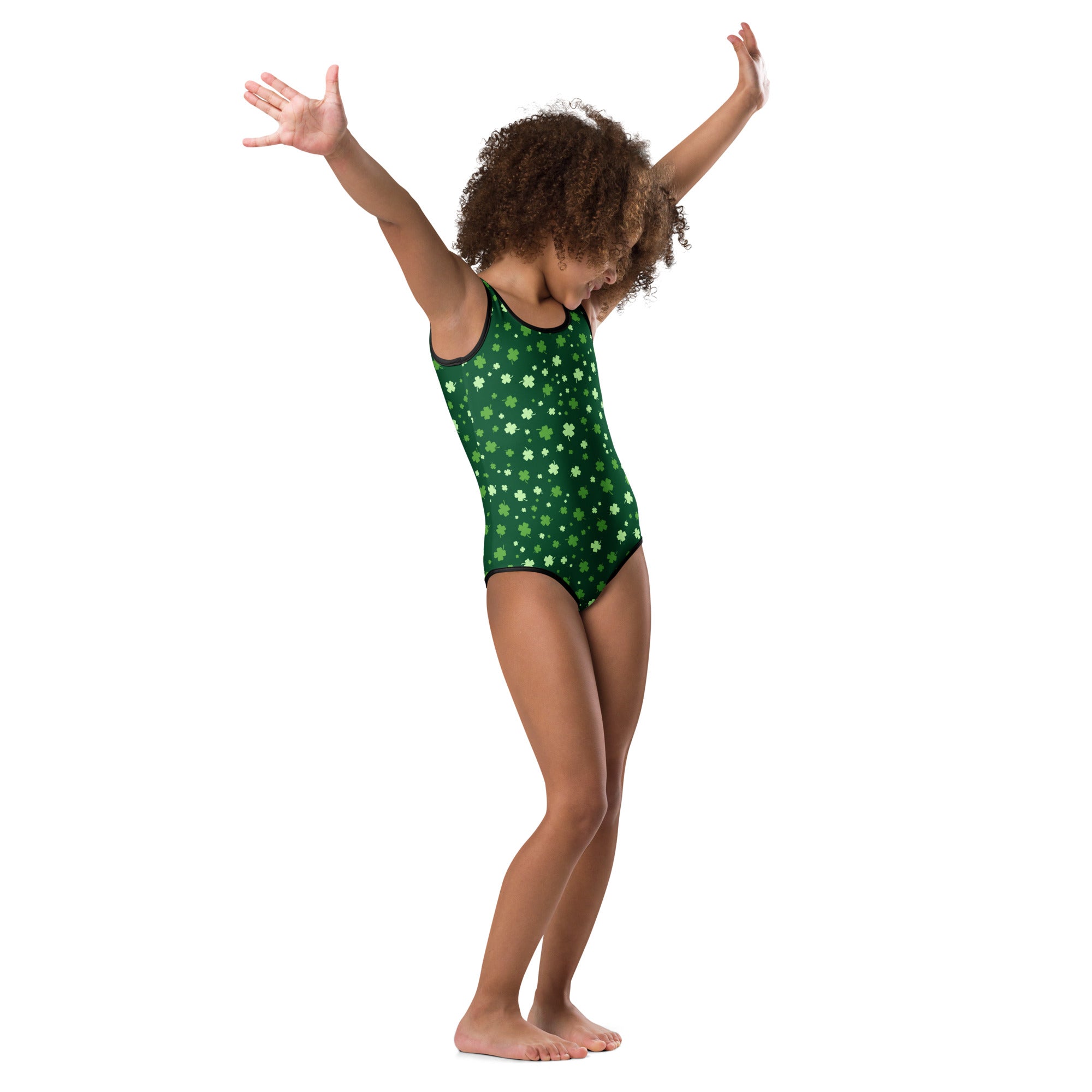Green girls lucky clover buttery soft leotard with white shamrocks and black trim for dance and gymnastics