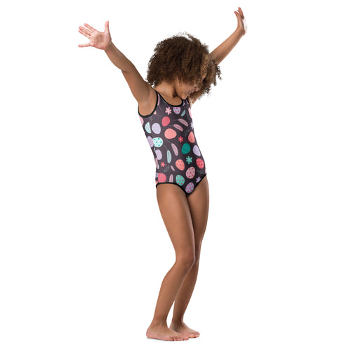 Black one-piece buttery soft leotard with pastel eggs and leaves pattern quick drying for dance and gymnastics
