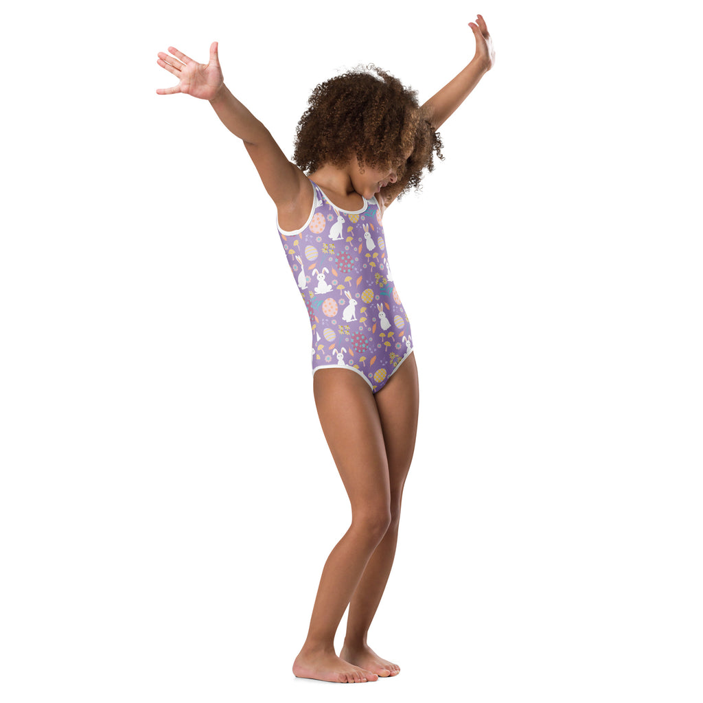 Girls purple Easter bunny buttery soft quick drying leotard with white trim and playful bunny egg and flower pattern