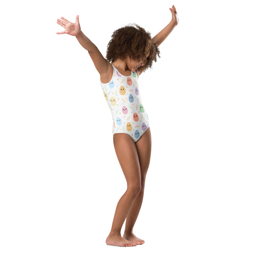 A white girls one-piece leotard with colorful pastel easter egg pattern buttery soft quick drying for dance and gymnastics