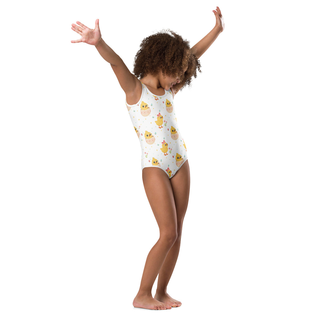 White one-piece swimsuit with yellow cartoon chicks and pink flowers buttery soft quick drying for dance and gymnastics