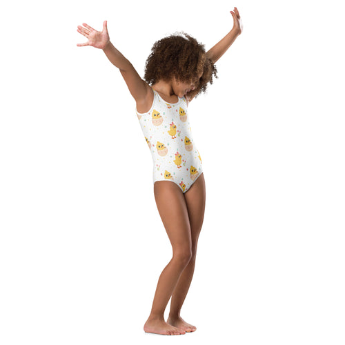 White one-piece swimsuit with yellow cartoon chicks and pink flowers buttery soft quick drying for dance and gymnastics