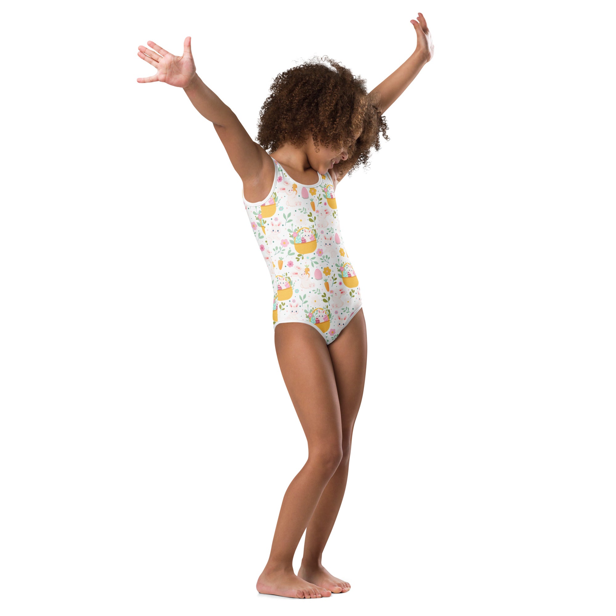 Girls easter bunny buttery soft white leotard with yellow flower basket pattern quick drying for dance and gymnastics