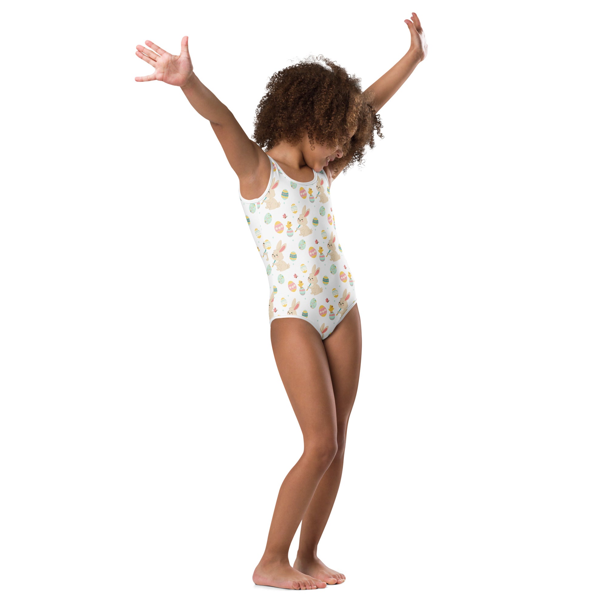 White one-piece leotard with pastel Easter bunnies and eggs print quick drying buttery soft for dance and gymnastics