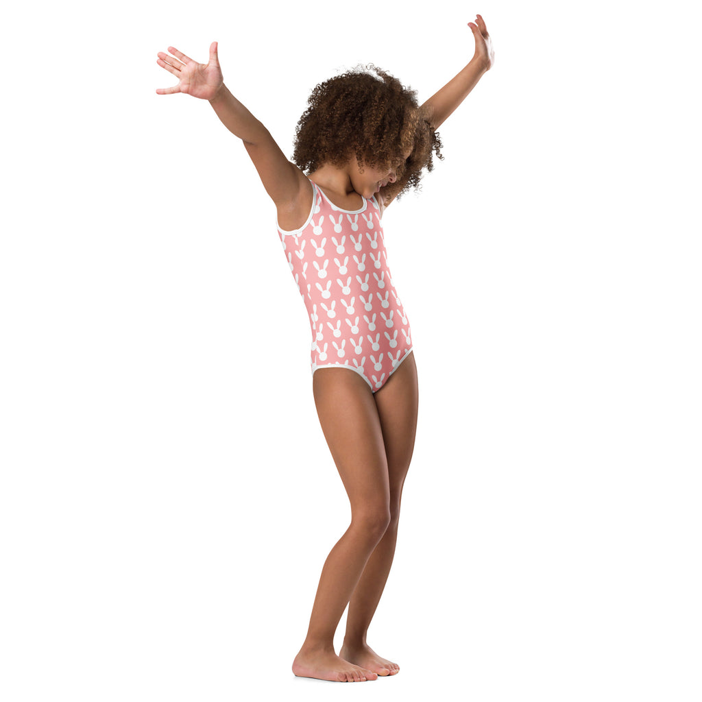 Girls pink bunny silhouette buttery soft leotard with white trim quick drying for dance and gymnastics