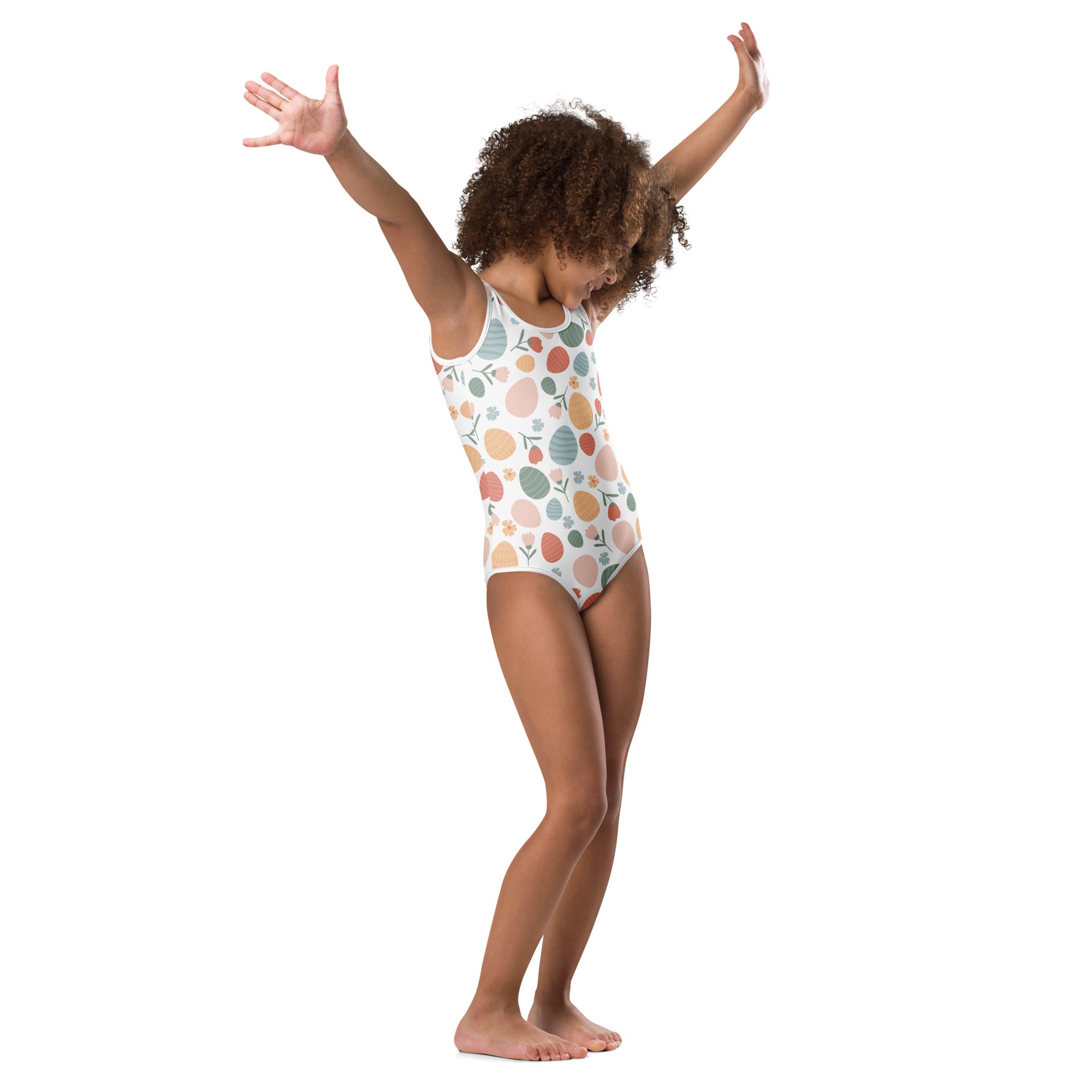 Girls vintage easter egg buttery soft white leotard with pastel eggs and leaves pattern quick drying for dance and gymnastics