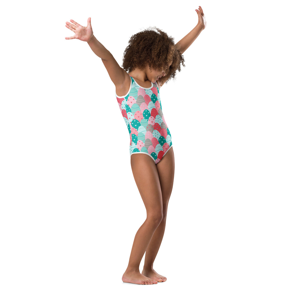 Girls Easter egg pattern buttery soft one-piece swimsuit with pink teal mermaid scales on light mint for dance and gymnastics