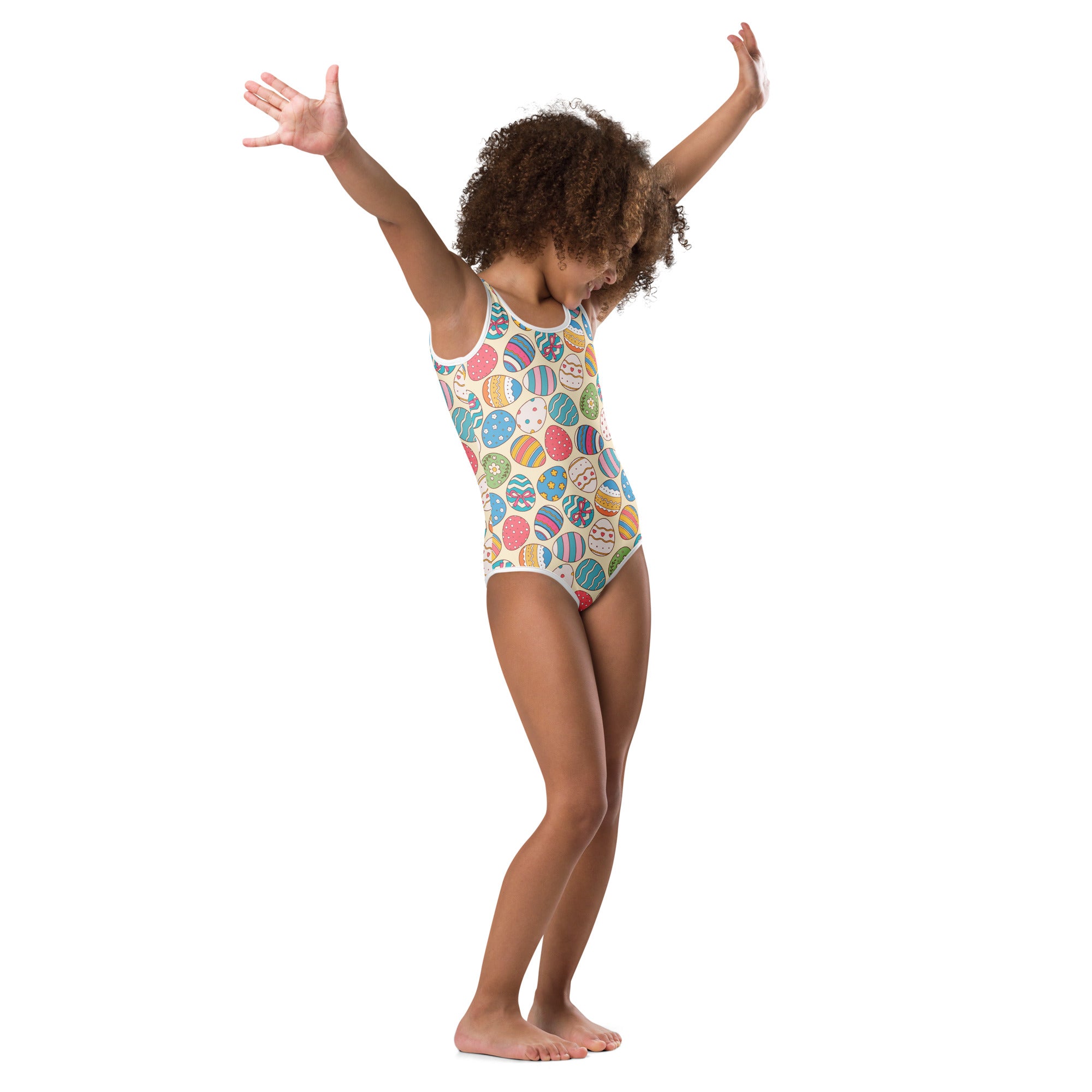 Girls bright patterned Easter egg buttery soft off-white leotard with colorful cartoon eggs for dance and gymnastics
