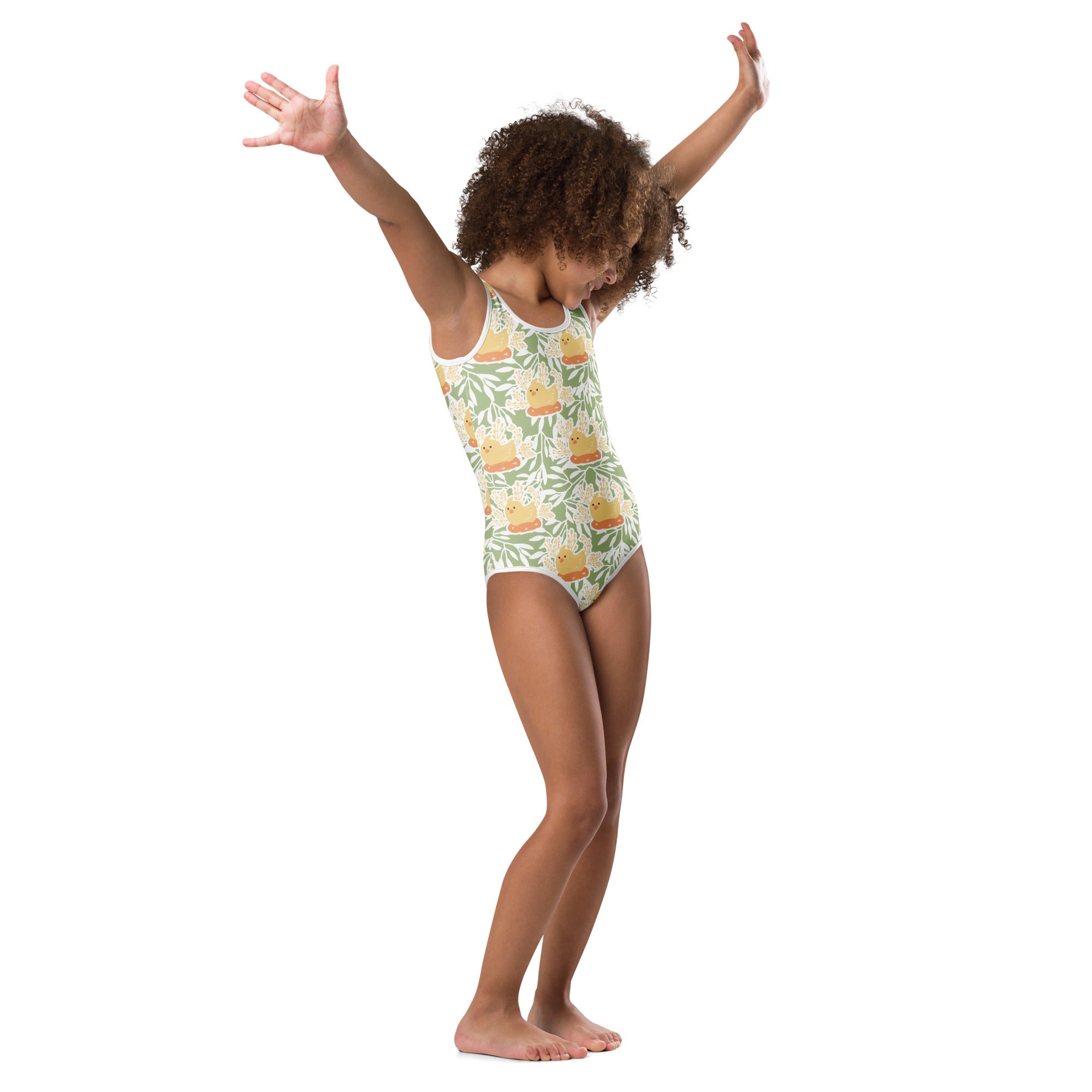 Girls chick nest buttery soft one-piece swimsuit with yellow ducks and green leaves on cream for dance and gymnastics