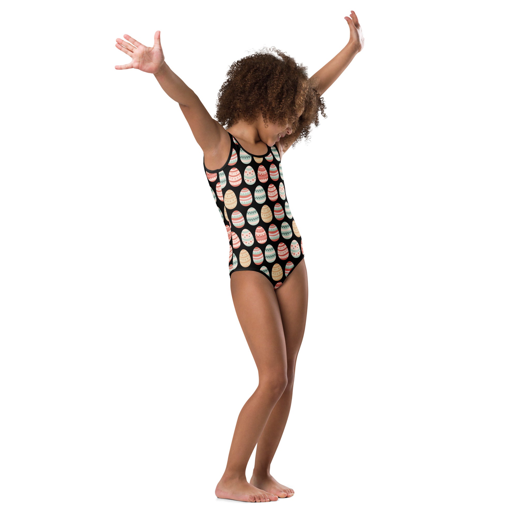 Black girls one-piece swimsuit with colorful pastel Easter eggs pattern made of buttery soft quick-dry fabric for dance and gymnastics