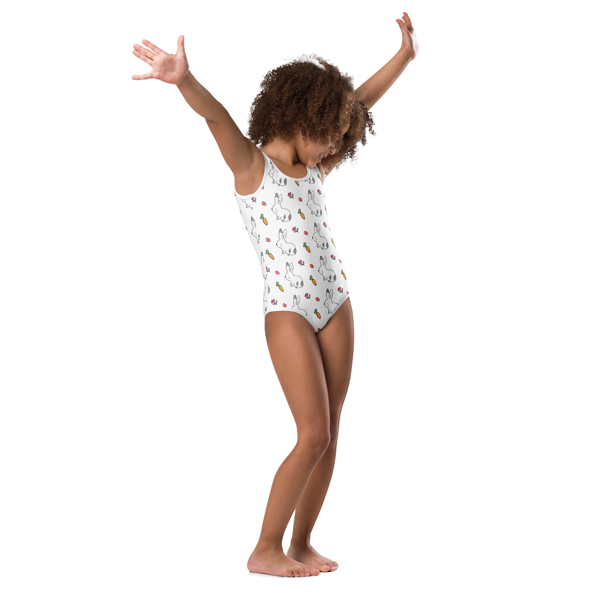 White one-piece swimsuit with cartoon bunnies and carrots pattern buttery soft quick drying for dance and gymnastics