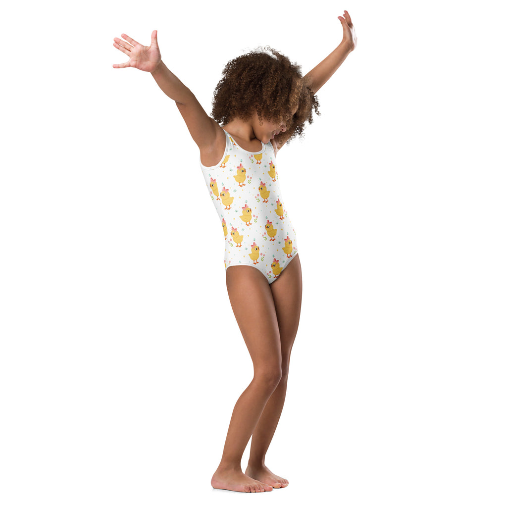 White one-piece swimsuit with yellow chicks wearing red hats buttery soft quick drying for girls dance and gymnastics