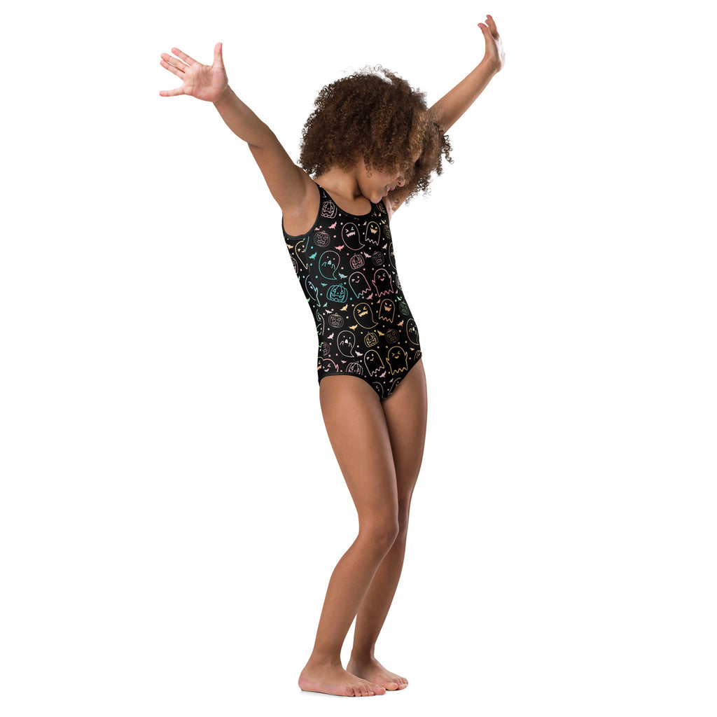 Girls Colorful Ghost & Pumpkin Halloween Leotard – Buttery-Soft, Quick-Dry 4-Way Stretch Comfort for Dance & Gymnastics