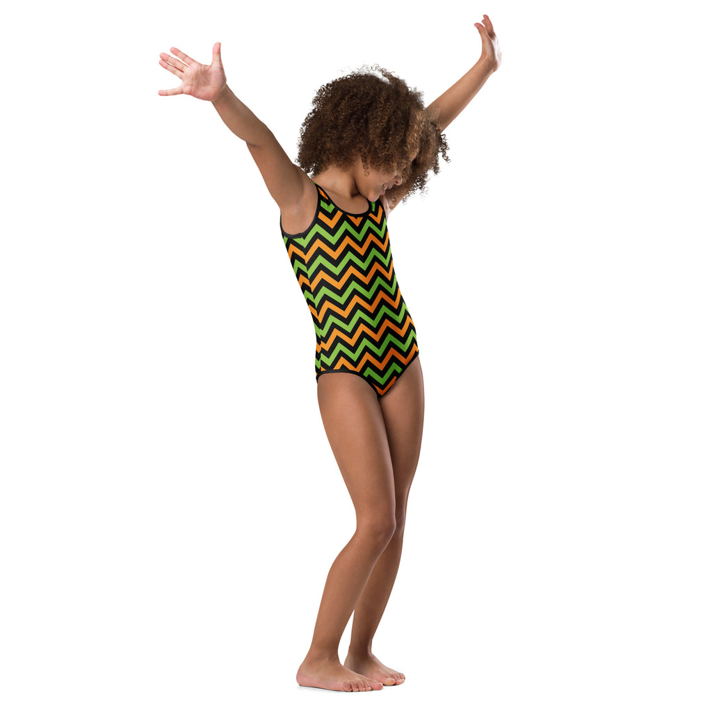 Girls Orange & Green Chevron Halloween Leotard – Buttery-Soft, Quick-Dry 4-Way Stretch Comfort for Dance & Gymnastics