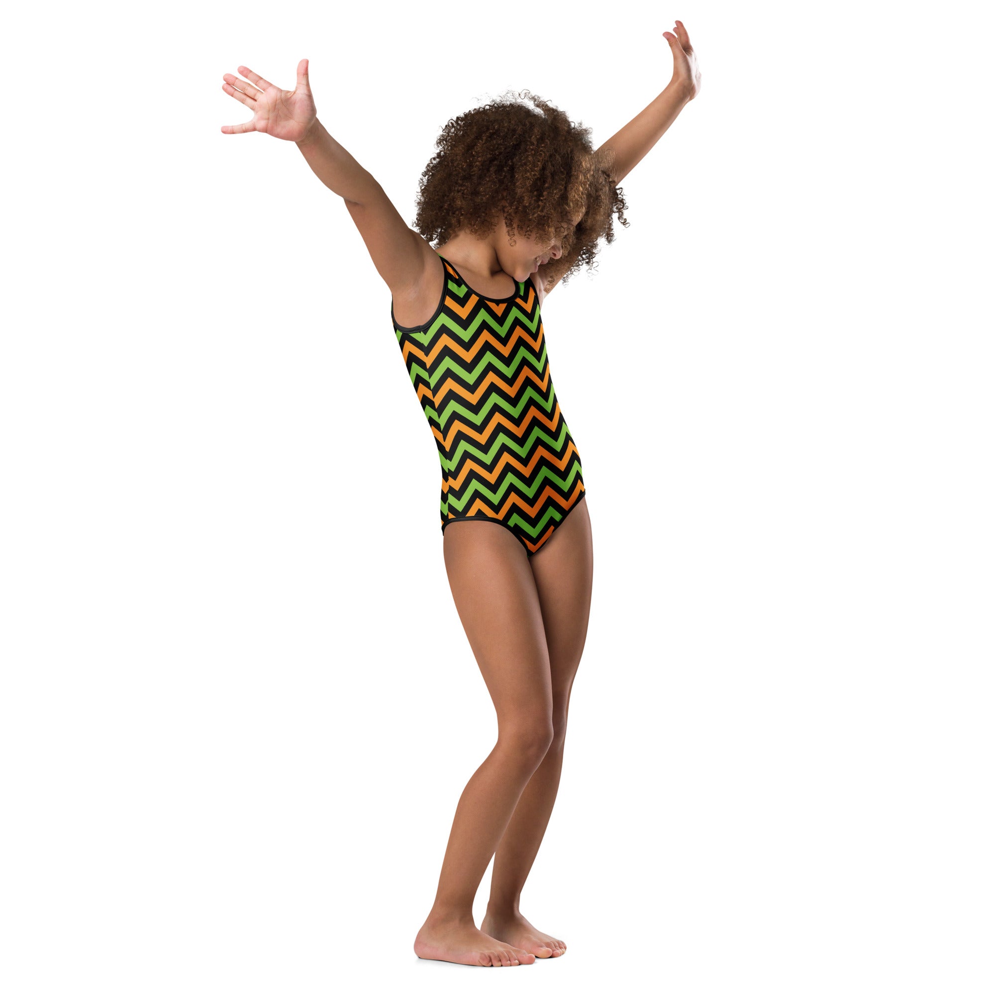 Girls Orange & Green Chevron Halloween Leotard – Buttery-Soft, Quick-Dry 4-Way Stretch Comfort for Dance & Gymnastics
