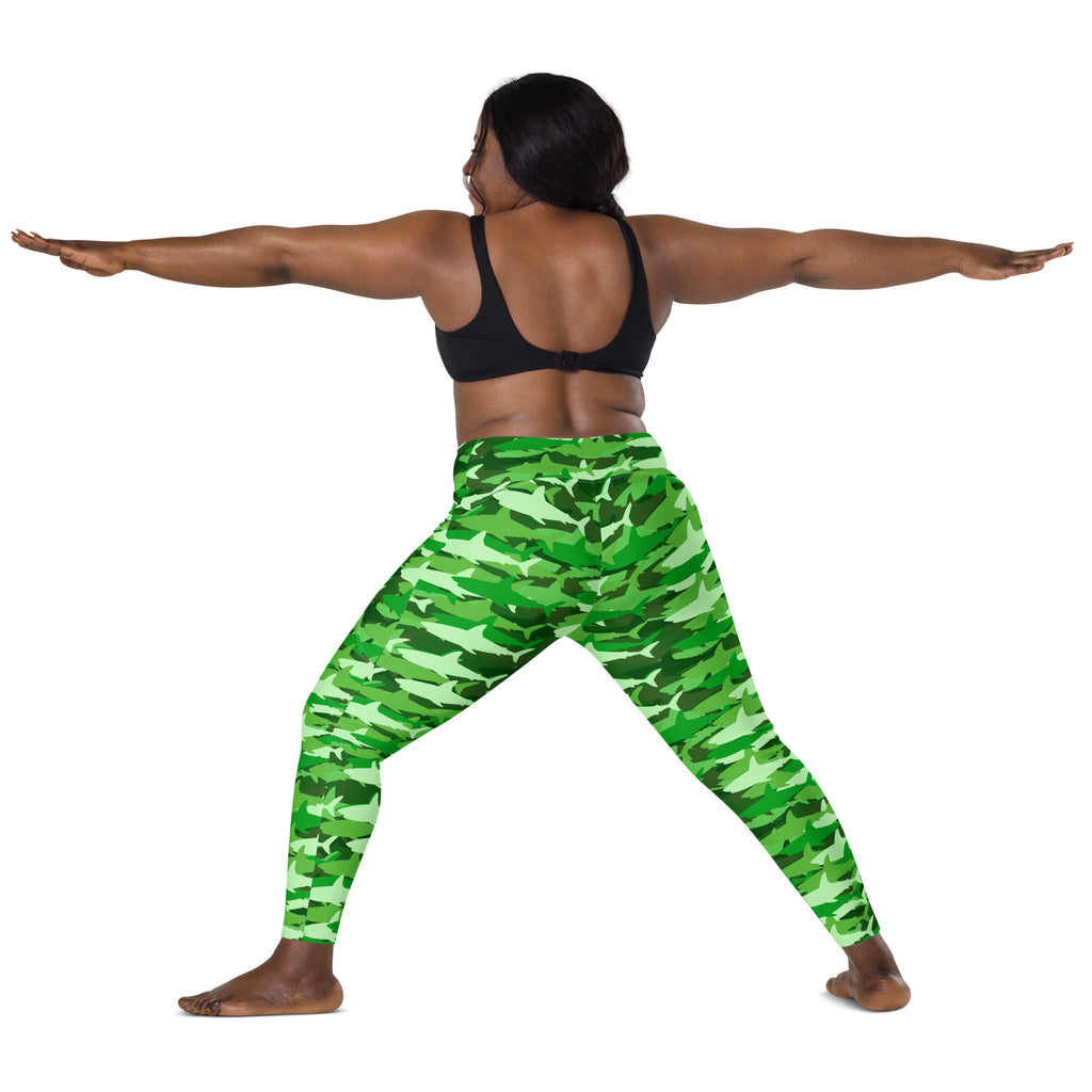 Women’s Green Shark Camouflage Yoga Leggings With Pockets – High-Waisted, Soft Compression Active Pants