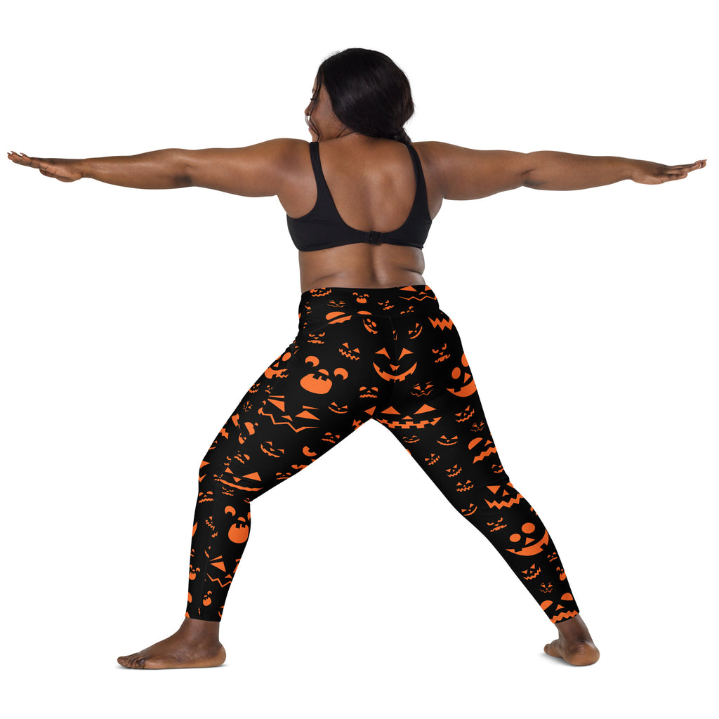 Women’s Orange Jack O’ Lantern Faces Halloween Yoga Leggings With Pockets – High-Waisted, Soft Compression Active Pants