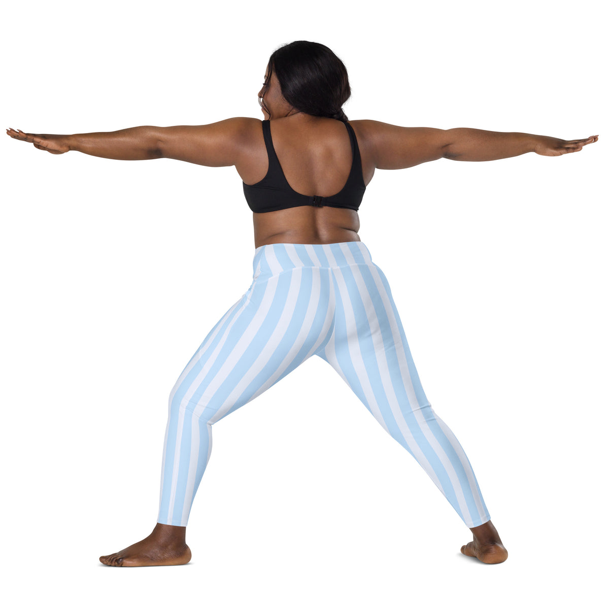 Women’s Light Blue Striped Leggings With Pockets – High-Waisted, Soft Compression Active Pants