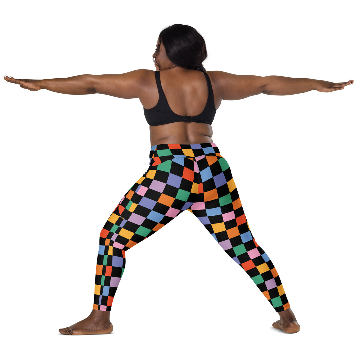 Women’s Dark Colorful Checkered Yoga Leggings With Pockets – High-Waisted, Soft Compression Active Pants