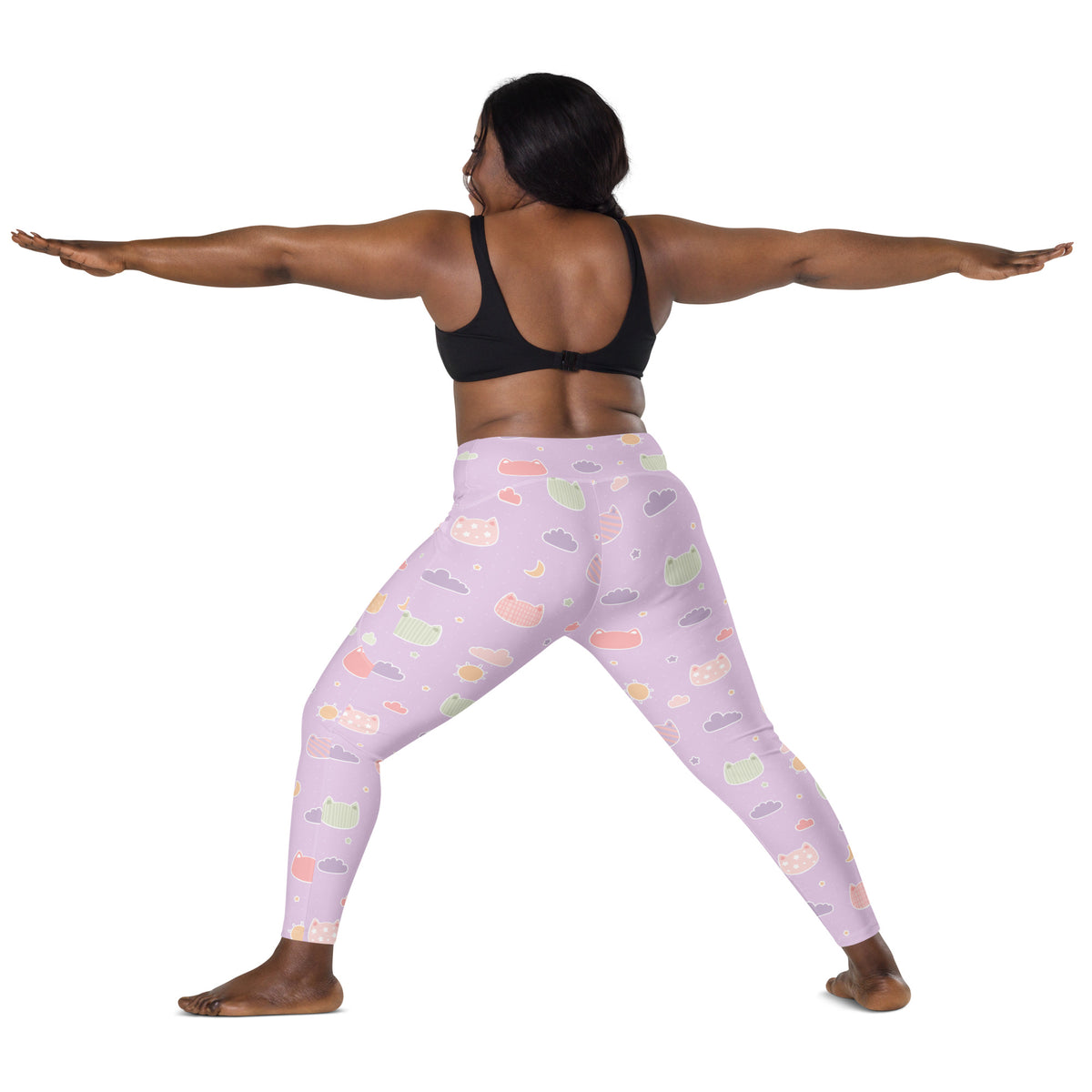 Women’s Pastel Purple Kawaii Cats & Clouds Yoga Leggings With Pockets – High-Waisted, Soft Compression Active Pants