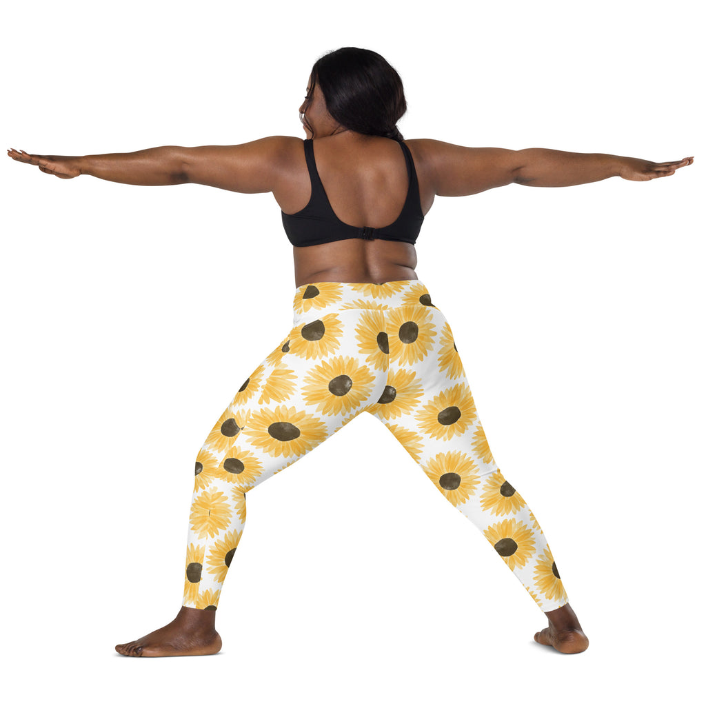 Women’s Watercolor Sunflower Yoga Leggings With Pockets – High-Waisted, Soft Compression Active Pants