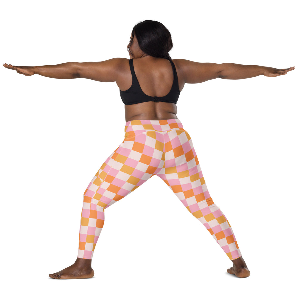 Women’s Pink & Orange Checkered Yoga Leggings With Pockets – High-Waisted, Soft Compression Active Pants